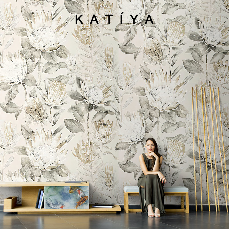 Katiya美式花朵墙p布手绘艺术壁纸法式客厅高档电视背景墙定制壁