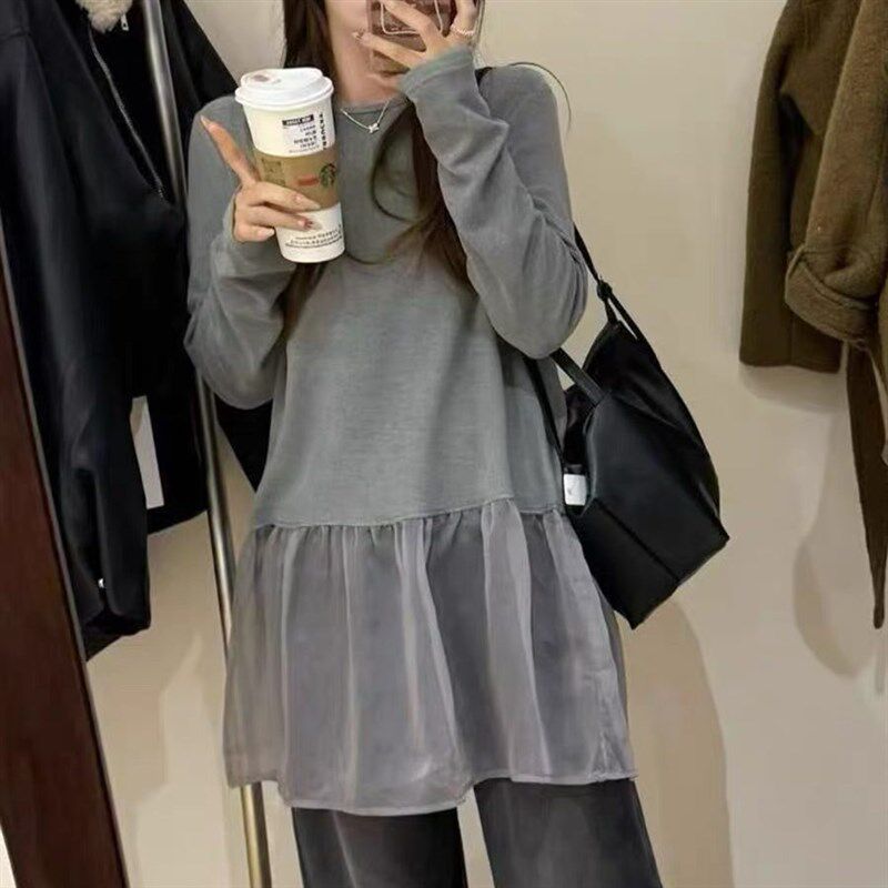 韩系下摆网纱拼接中长款遮u屁股磨毛T恤女冬季内搭屁帘裙摆打底衫