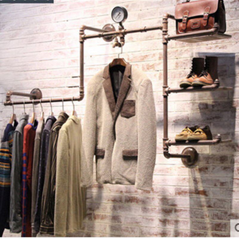 工业做旧实木铁艺上墙壁挂v服装展示架挂衣架鞋包展示架陈列架