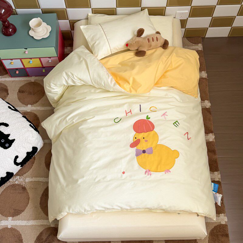 幼儿园被子三件套全棉婴儿童宝宝纯黄蓝色绣花入园六件套床品