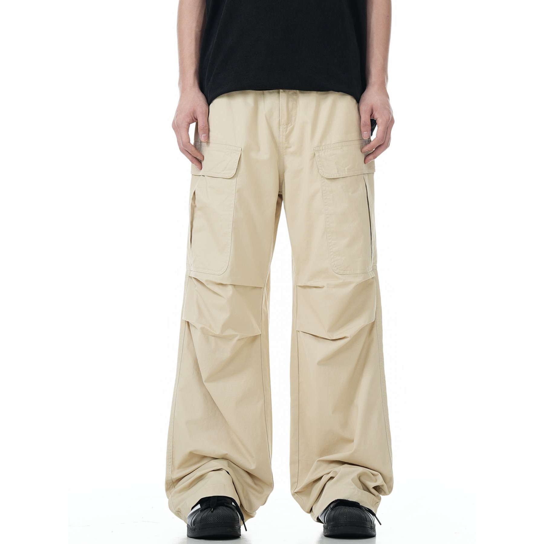 11KN美式复古多口袋工装裤男女cleanfit宽松直筒裤褶皱休闲长裤子