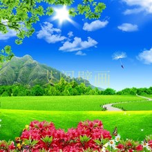 FJ1128定制高清大树靠山草地红叶红花蓝天白云电视沙发背景墙壁画