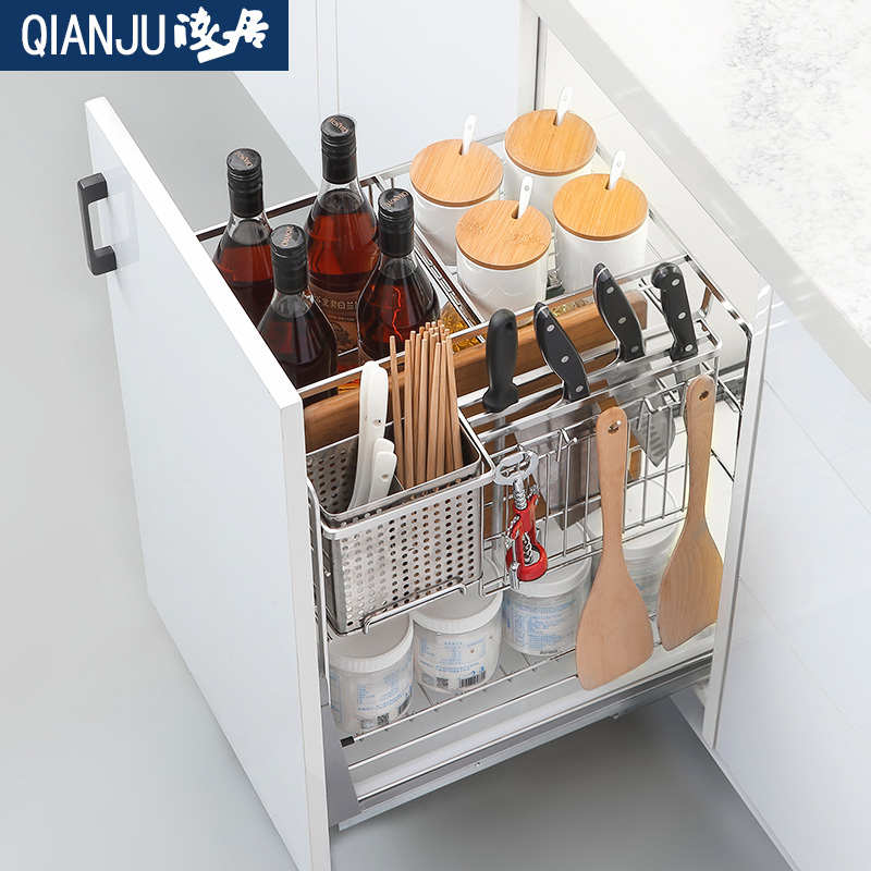 调味拉篮厨房橱柜304不锈钢抽屉式阻尼厨地柜碗篮拉篮调味篮内置
