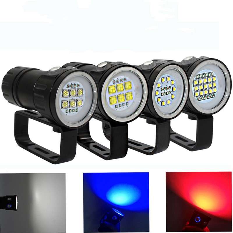 强光水下照明工LED作摄影补光灯6核9090大功率红光蓝光潜水手电筒