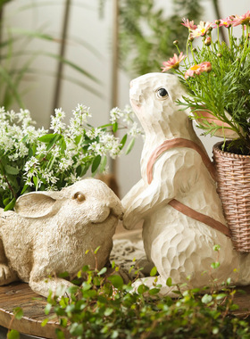 左岸麦田 格兰德花环小兔子背花篮花盆摆件创意树脂工艺家居饰品