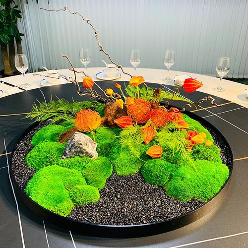 酒店餐厅转盘摆件大圆桌中间装饰花中式桌景摆设餐厅桌面沙盘景观