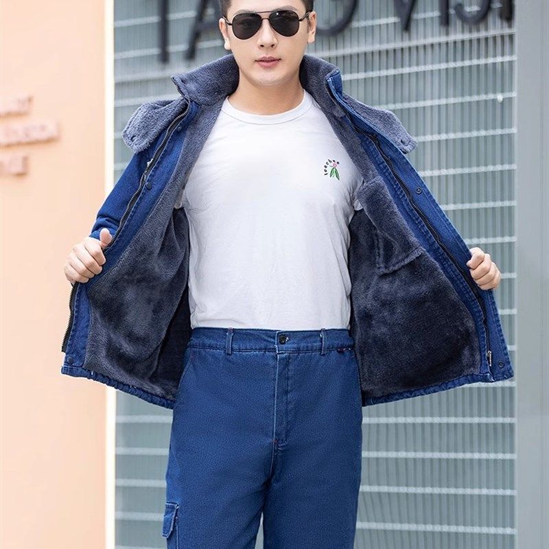 冬季加绒加厚保暖棉服劳保服工作服套装男连帽棉袄长款电焊工防烫