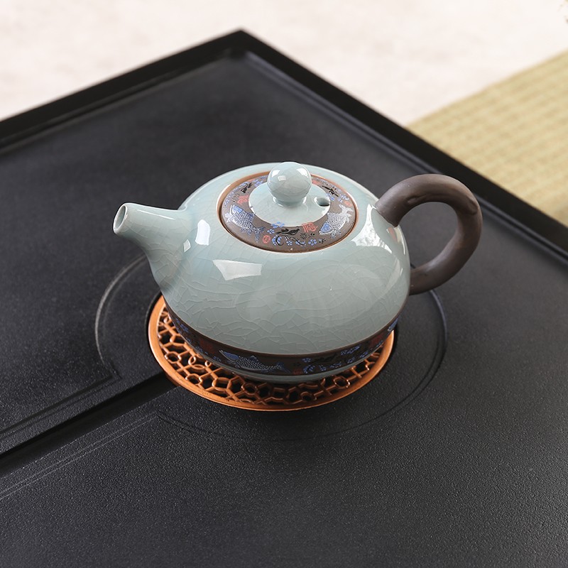 乌金石茶盘定制整板火烧石材雕刻嵌入家用茶桌漏水面板盖茶台直排