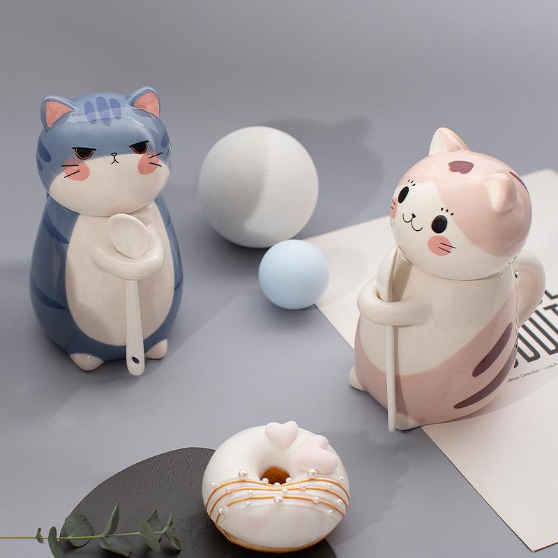 超可爱猫咪日系陶瓷杯子女可爱少女清新带盖勺简约闺蜜情侣一对