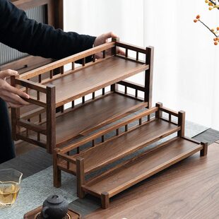 黑胡桃木书桌置物架茶室茶桌茶具多层收纳架摆放实木书架博古架子
