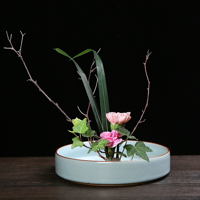 剑山中式插花器皿陶瓷插花圆盘日式小原流M花器禅意盆景花盆花盘