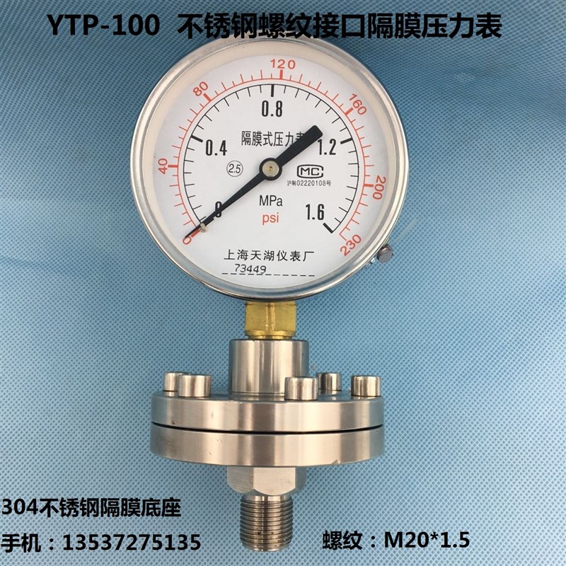 不锈钢隔膜压力表YTP-100ML 0-0.6 1 1.6mpa 螺R纹隔膜表M20*1.5