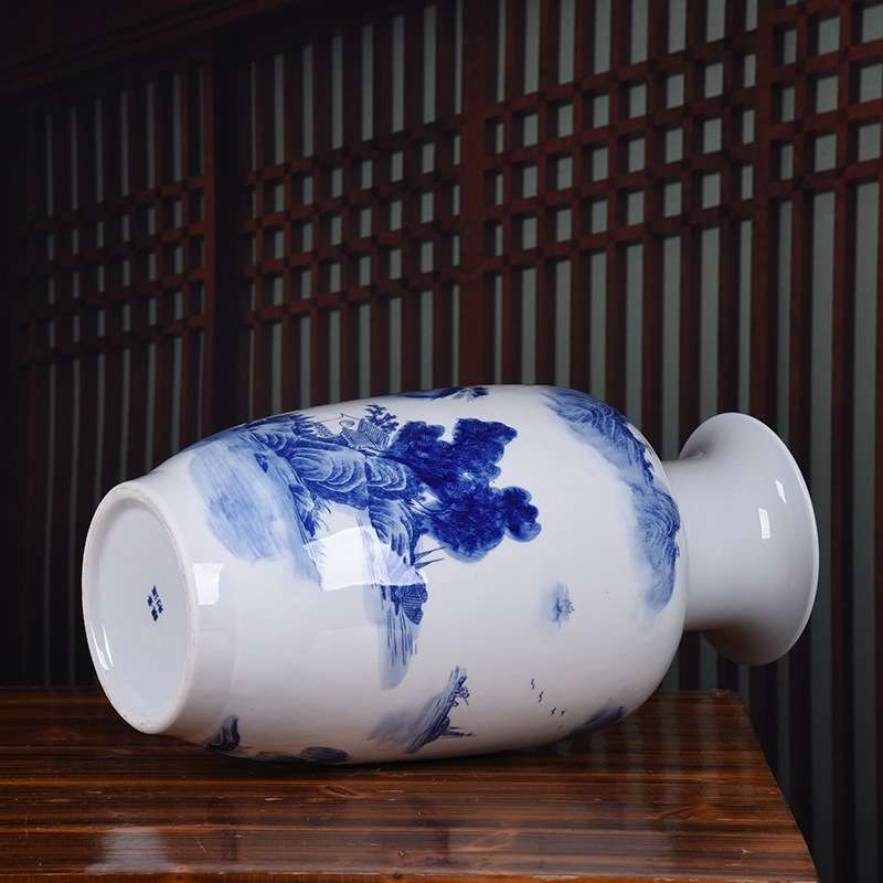 厂家大号陶瓷花瓶 青花瓷山水画冬瓜瓶中式书房办公室装饰摆件图片