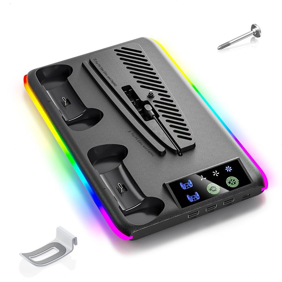 甄选PS5/SLIM/PRO通用主机散热底座多功能风扇支架双手柄座充带RG