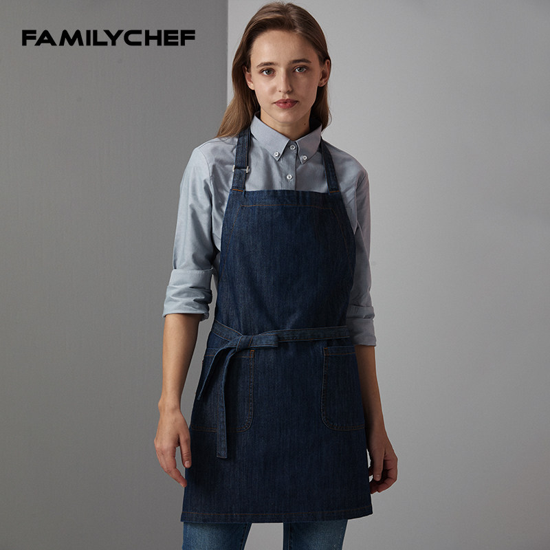 定制LOGO牛仔挂脖围裙全棉画画餐厅服务员M咖啡厅工作服diy花店