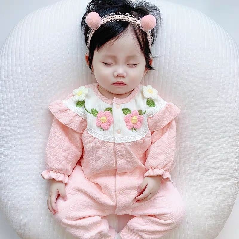 女婴春秋连体衣超萌洋气双层爬爬A服 新生儿长袖连身衣韩系碎花爬