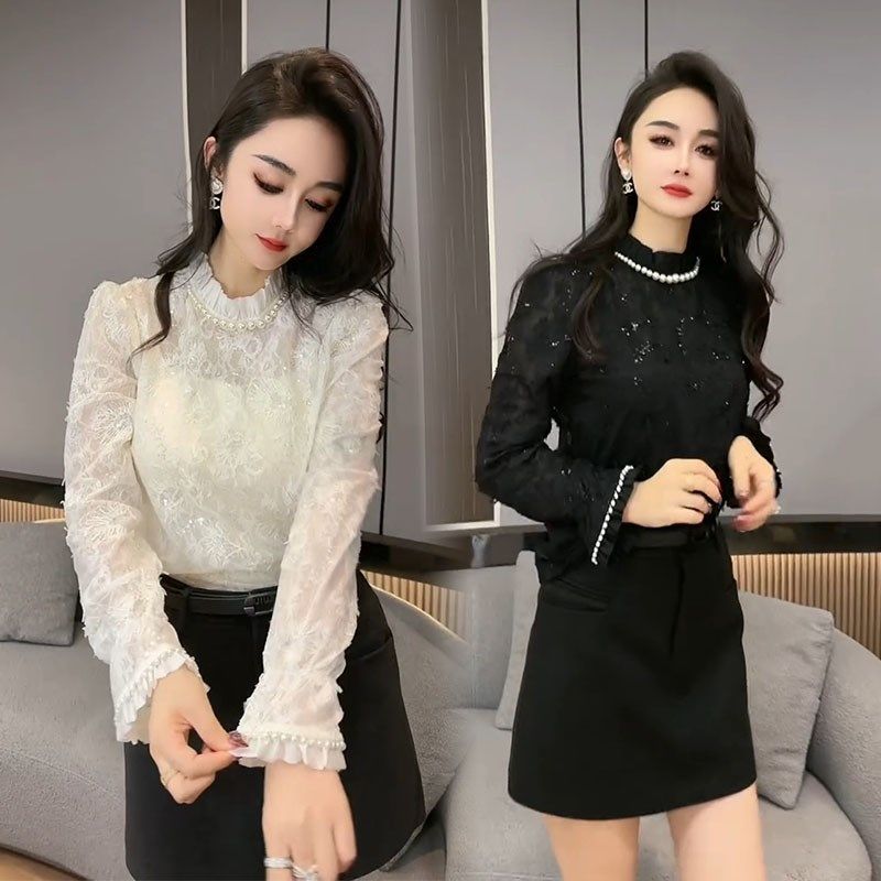 欧货蕾丝衫2025春季新款气质女神范亮片串珠高级感V时尚百搭打底