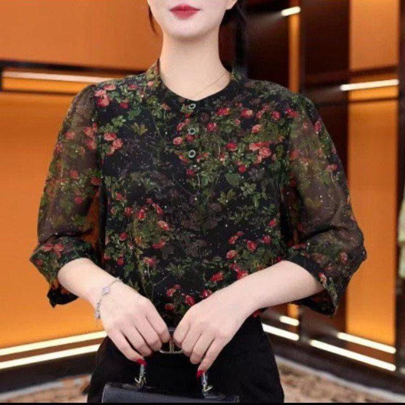 雪纺衬黑色显瘦七分APA袖领时尚妈圆妈装减龄洋气碎衬衫花衫女