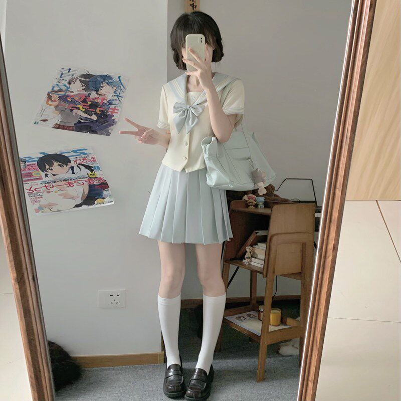 秋野眠【蓝风铃】日系学院风夏季校供水手服L百褶裙收腰jk制服套