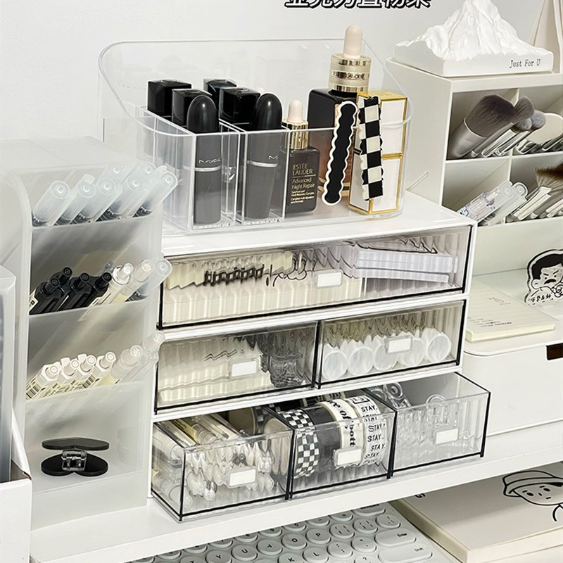 桌面收纳盒大容量宿舍书桌文具书本整理盒抽屉式化妆品口红置物架