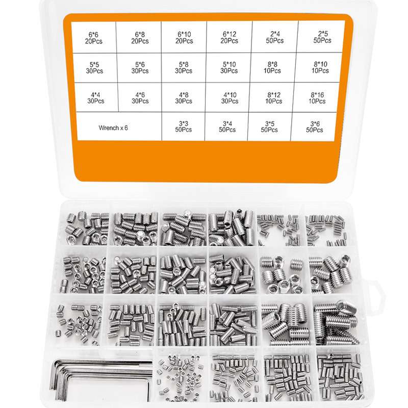 666pcs304不锈钢平端紧定螺丝螺钉套装内六角无头机米定位螺丝