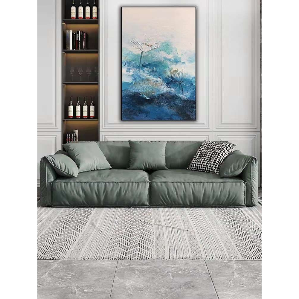 手绘油画新中式玄关装饰画走廊过道荷花简约客厅餐厅挂画纯手绘图片