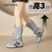 达芙妮厚底浅灰色中筒靴子女2025新款 马丁靴 绑带圆头时尚 秋季 时装