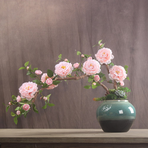 牡丹花仿真摆件高档防真花客厅餐桌陶瓷盆皮V皮水绢花装饰