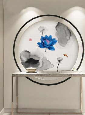 现代简约新中式水墨荷花圆形客厅装饰画玄关背景墙3d壁纸壁画墙纸