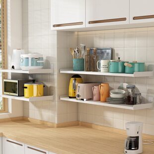 免打孔厨房置物架壁挂式白色隔板锅架墙上微波炉烤箱架多功能收纳