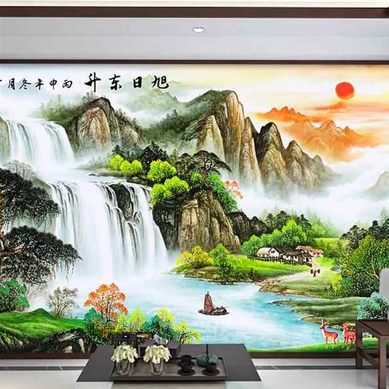 定制中式客厅电视背景墙壁r布8d立体凹凸壁画山水影视墙布2025新