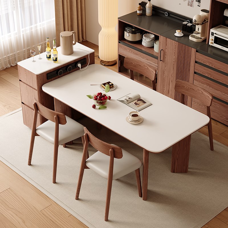 北欧高端实木岩板多功能餐桌椅组合家用复古带电源储物.移动岛台