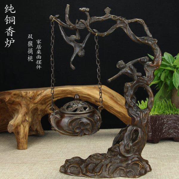 纯铜香炉 创意摆件挂炉吊炉 熏香炉 檀香炉中式禅意双猴摘桃 摆件