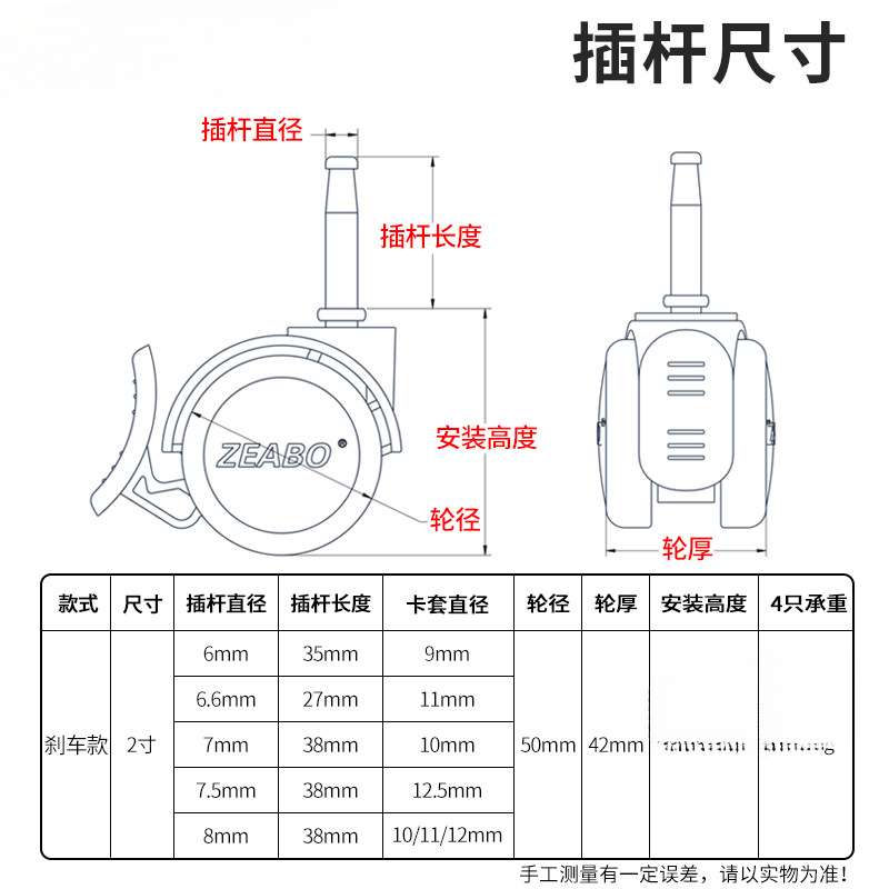 (4只装)婴儿床脚轮插杆轮童床配件万向轮带刹车双轮静音轮子滚轮