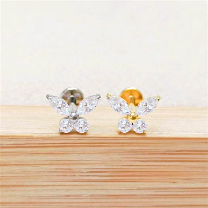 F36钛合金唇钉耳骨钉锥形吊v坠5A锆石韩式花朵翅膀耳钉.2粗0.9牙