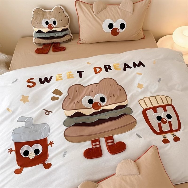 1卡通风全棉水洗j棉四件套可爱薯条汉堡刺绣被套纯棉1.2m床上用品
