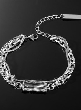 嘻哈潮酷钛钢黑色宝石手链女夏季iDns冷淡风小众设计感手镯手饰品