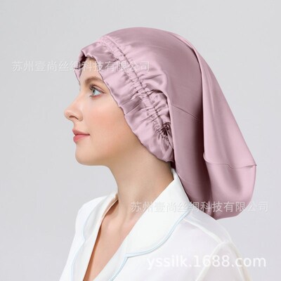 真丝长款睡帽长筒帽子木耳花边桑蚕丝F女士居家护长发帽热销亚马