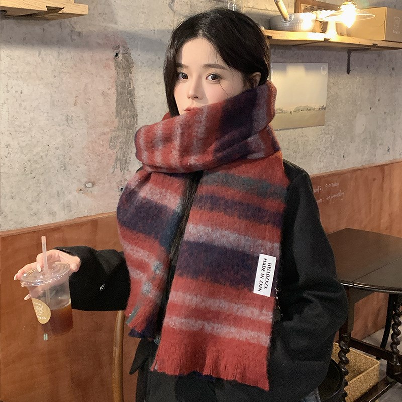 格子围巾女秋冬季针织新款美拉德马海毛百L搭加厚保暖围脖学生披