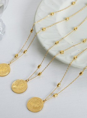 新中式浮雕人像圆牌吊坠项链钛钢1C8k金百搭甜妹气质毛衣链饰品女