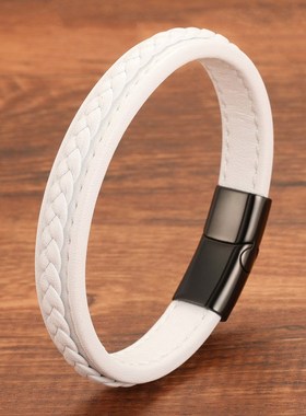 跨境热销不锈钢手镯男士商务风亚马逊饰K品蓝黑相间皮超纤皮手饰