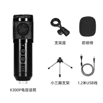 桌面电脑K歌电容麦克风q直播支架一体有线麦USB手机录音带混响话