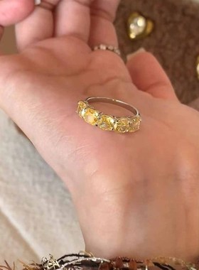 珠宝S925银新品5*5mm肥D方黄钻五颗石戒指女欧美跨境款时尚