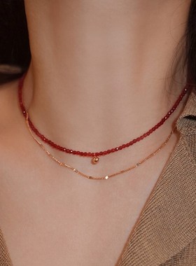 天然红宝c石项链女轻奢小众转运金珠细锁骨链显白项链不掉色女夏