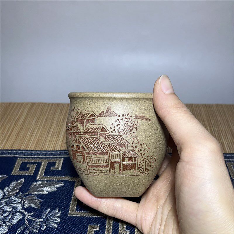 宜兴紫砂口杯天圆地方鼓型杯主人杯手工刻字刻绘款家用大容量茶杯