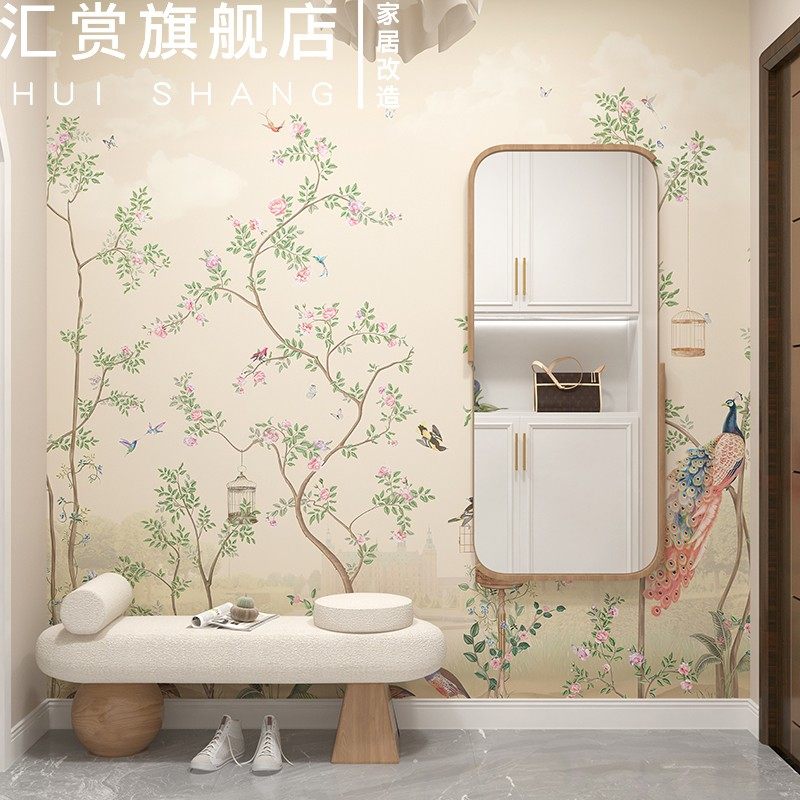 美式田园花鸟壁纸自粘防水可x擦洗墙纸中式屏风改造卫生间遮丑贴