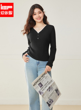 IEF/爱依服【微胖】2025秋时尚假两件T恤 大码女长袖显瘦黑色上衣