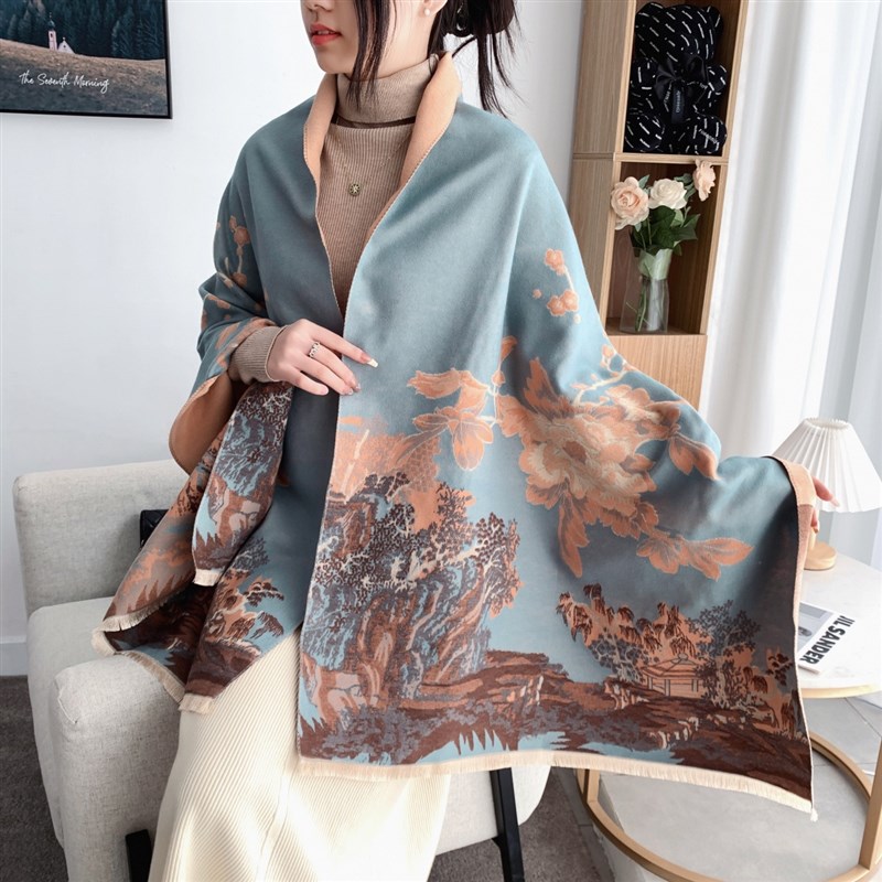 围巾女冬c款水墨画围脖披肩外搭高档仿羊绒淑女ins针织保暖空调房