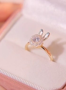 可旋转金色可爱小兔子耳朵u情人戒指女独特设计生肖兔活动开口指