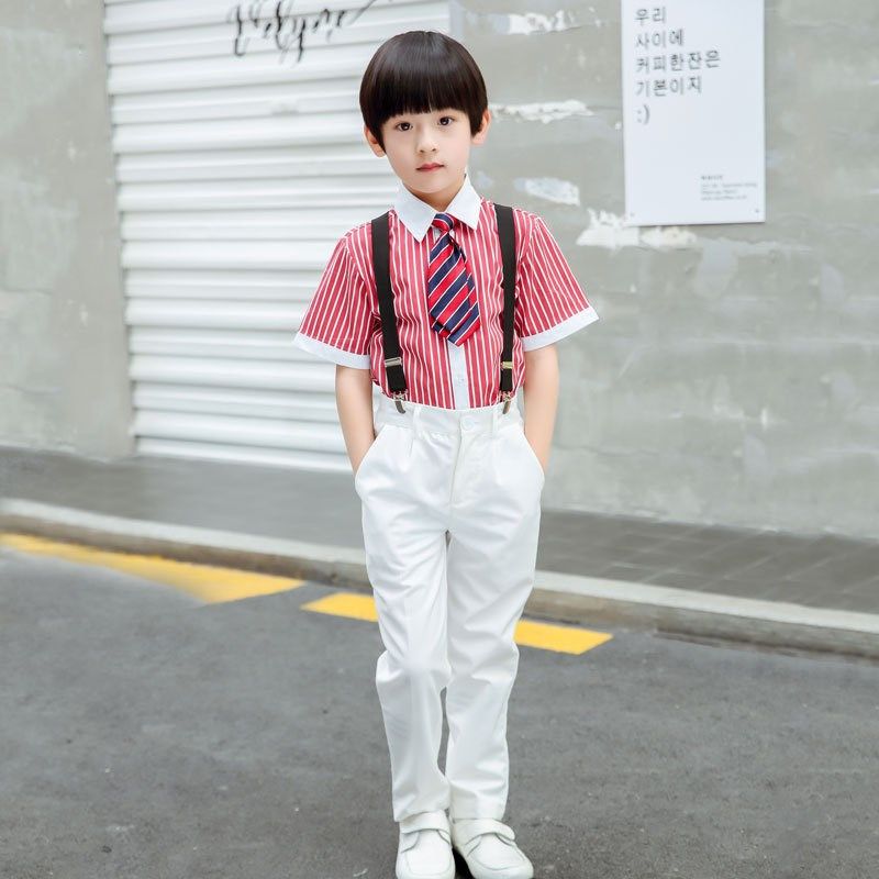 新品园服小d学生校服儿童表演演出服团体大合唱朗诵背带裤套装